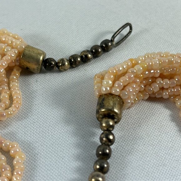 Pale Pink Seed Bead Necklace Multi Strand Silver Tone Beads Iridescent 20" Long - Picture 9 of 10